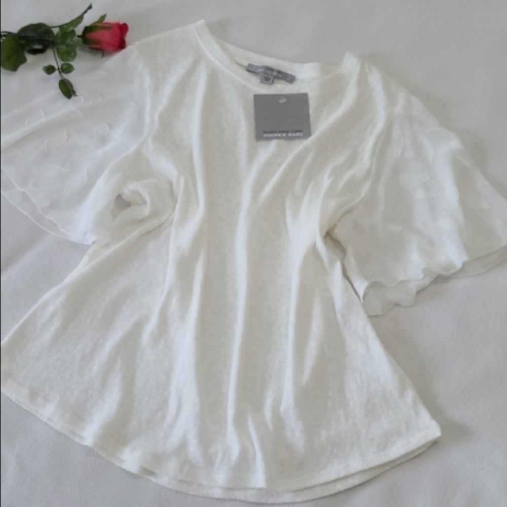 NEW White Flowy Tunic Top Organza Flutter Sleeve Andrew Marc New York Cotton Med